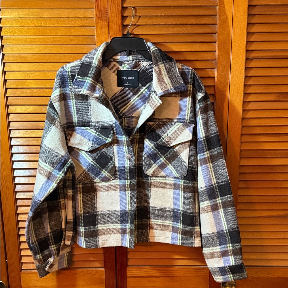 New Look Checkered Plaid Jacket in Black, White, and Blue size Large